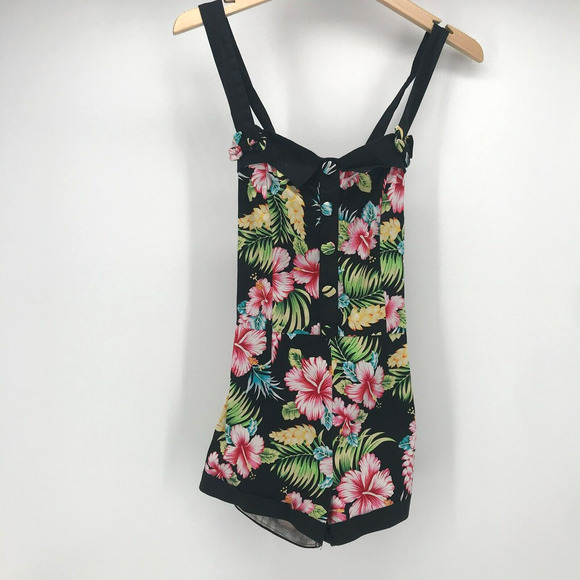 Banned Apparel Romper Womens Small Tropical Floral Print Retro Adjustable Straps - Picture 1 of 12
